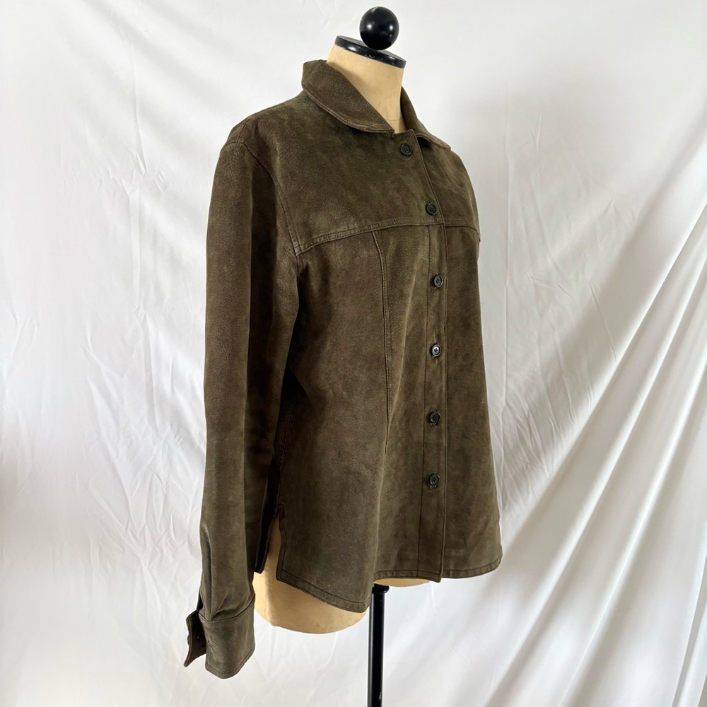 Vintage 90s AMI olive green genuine leather button up jacket large suede indie - Picture 4 of 6